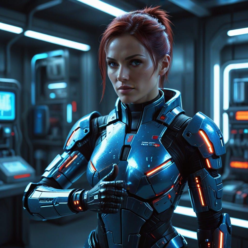 Futuristic Commander Shepard Gives Thumbs Up in High-Tech La...
