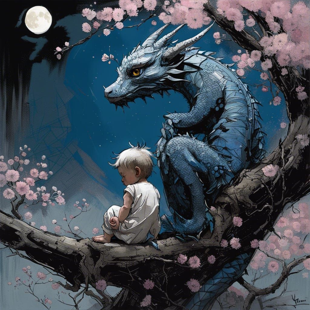 Sad Dragon Under Cherry Blossom Tree