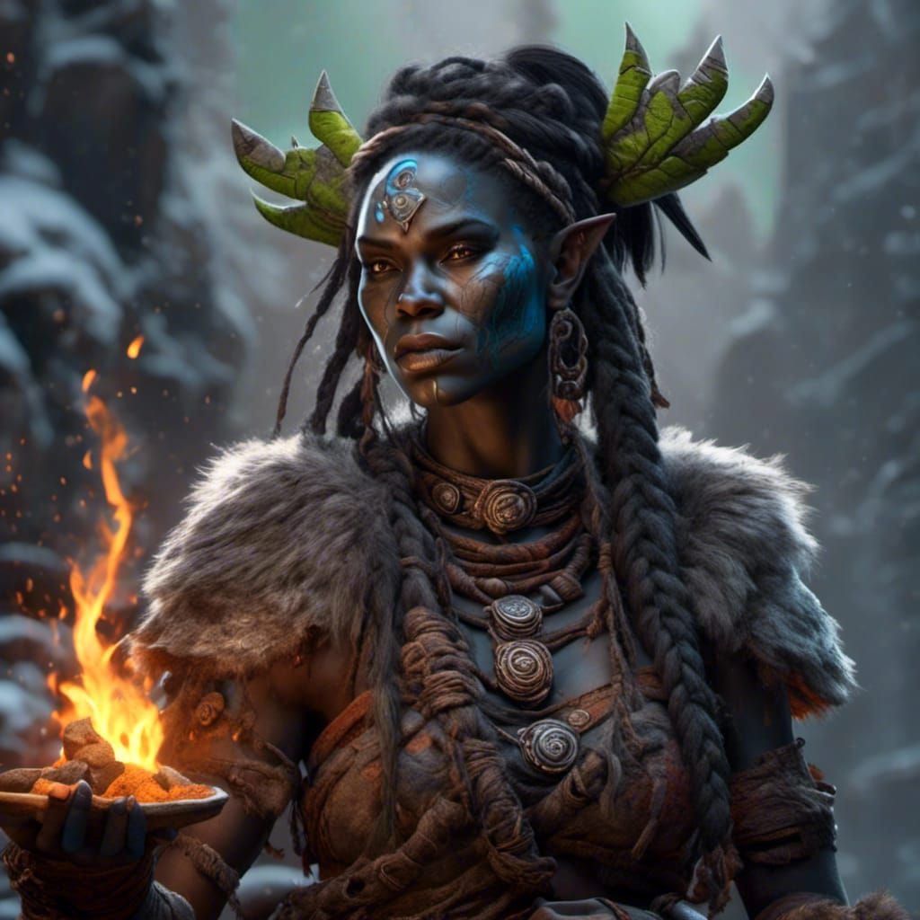 Dark Grey Female Orc Shaman Fantasy Art