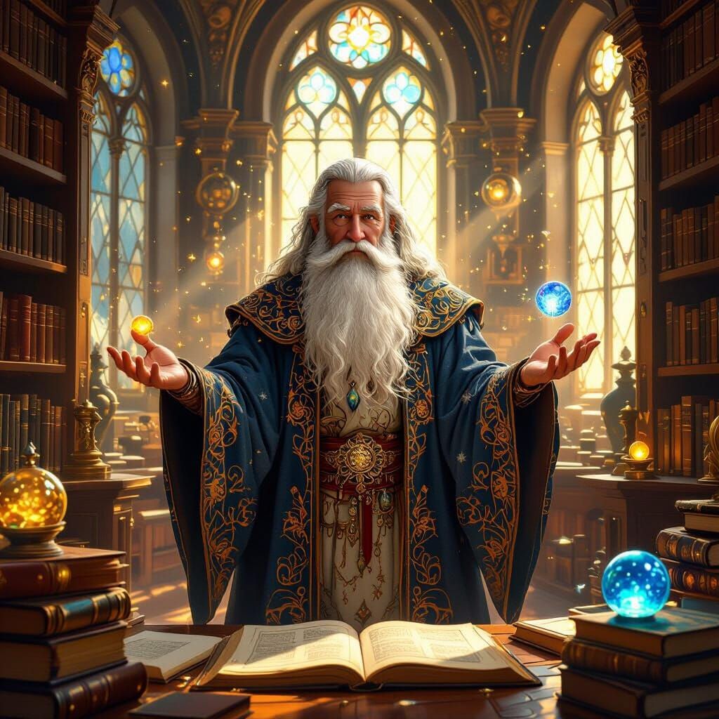 Wise Wizard in Grand Library, Alphonse Mucha Style