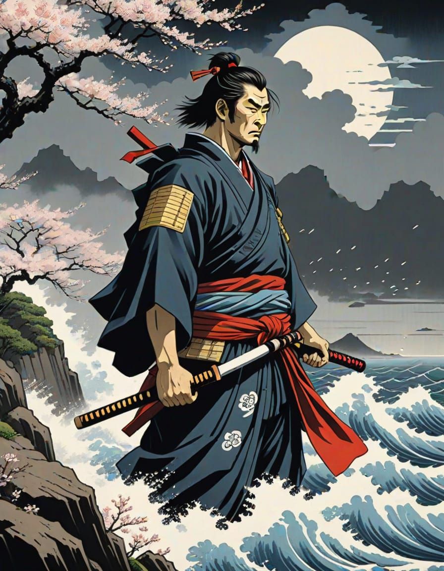 Samurai Warrior on Cliff Overlooking Stormy Sea in Ukiyo-e S...