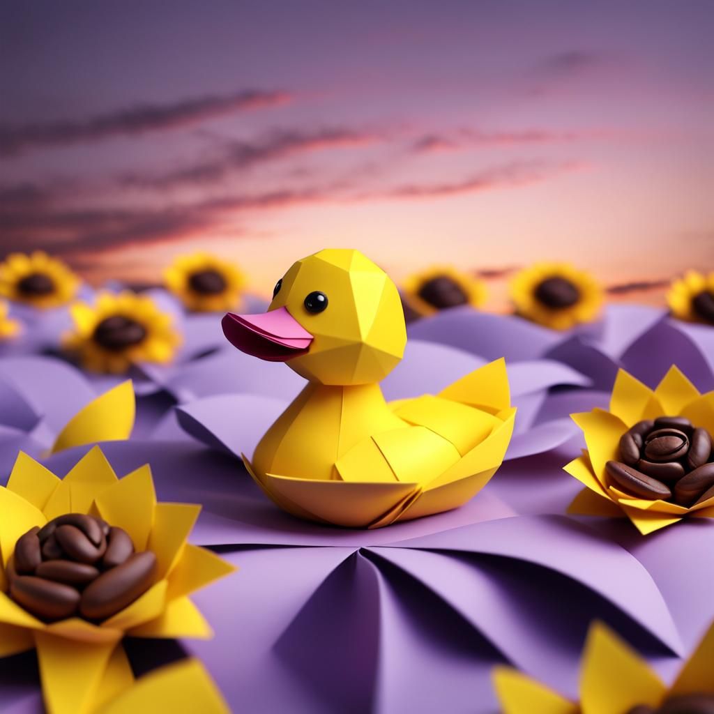 Origami Rubber Duck Sunflowers in Violet Twilight