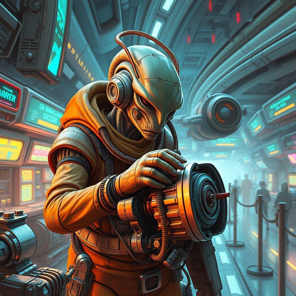 Alien engineer tinkers with a futuristic engine