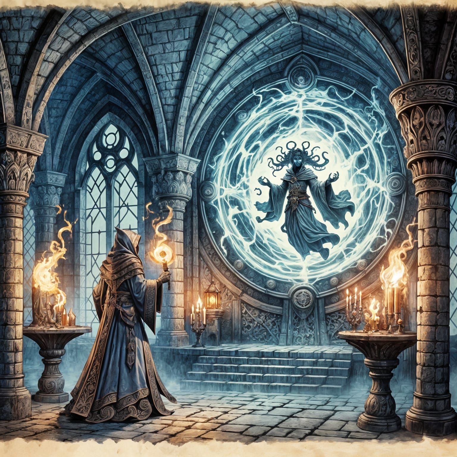 Tiefling Warlock Summons Entity in Gothic Chamber