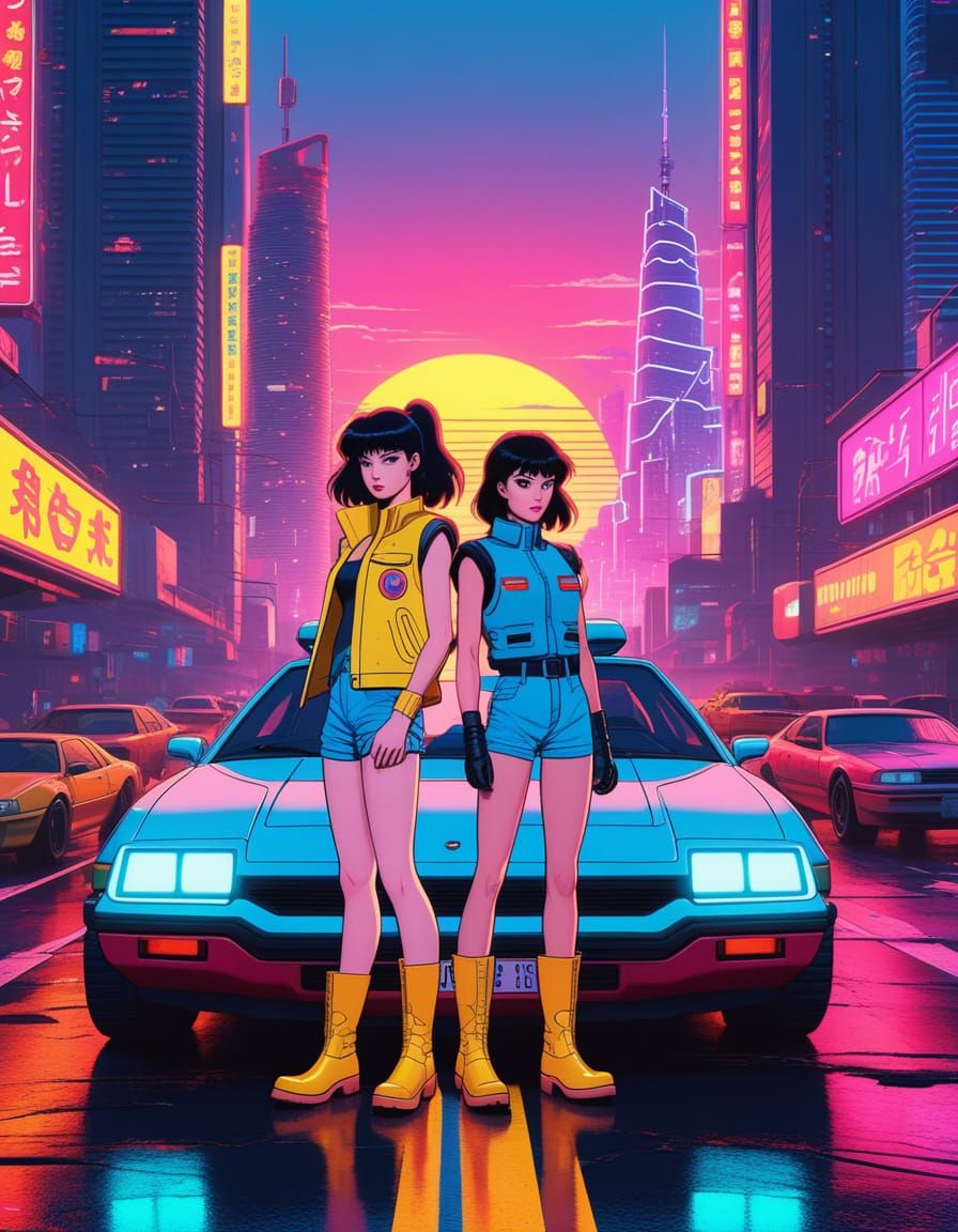 Image of 2, 80's style anime female characters, one with Short red feminine pompadour style hair with blue short vest, b...