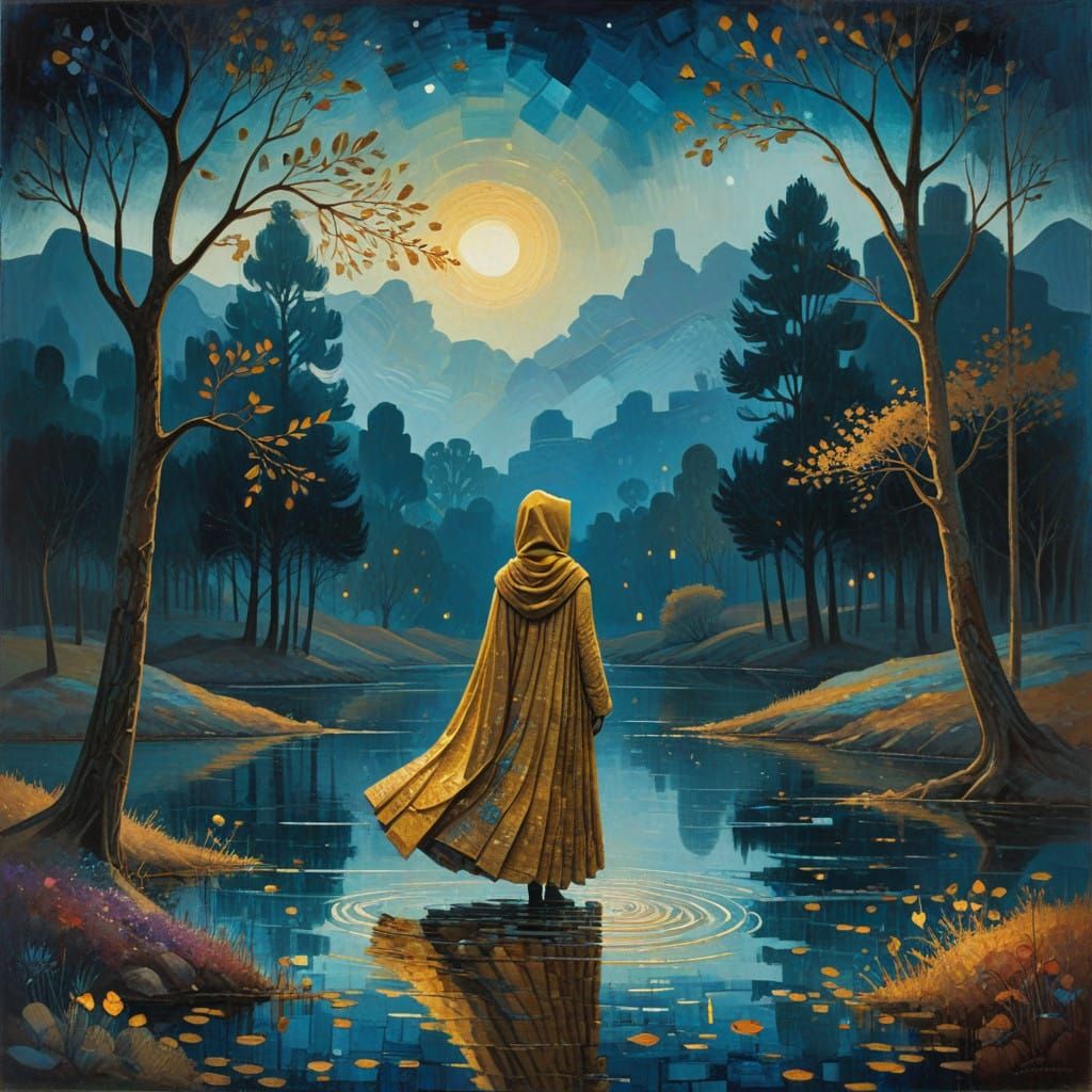 Mystical Woman in Twilight Valley Landscape