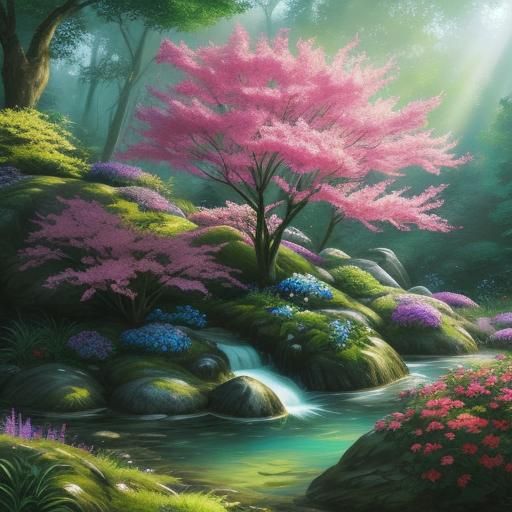 Lush Forest Backdrop with Colorful Flowers and Rock