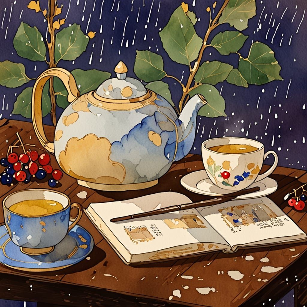 Whimsical Teapot and Cup Illustration on Rustic Table