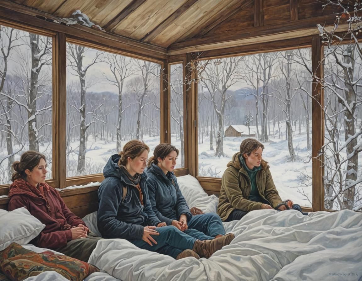 Hikers' Gratitude: Snowstorm Scene in Art Nouveau Style