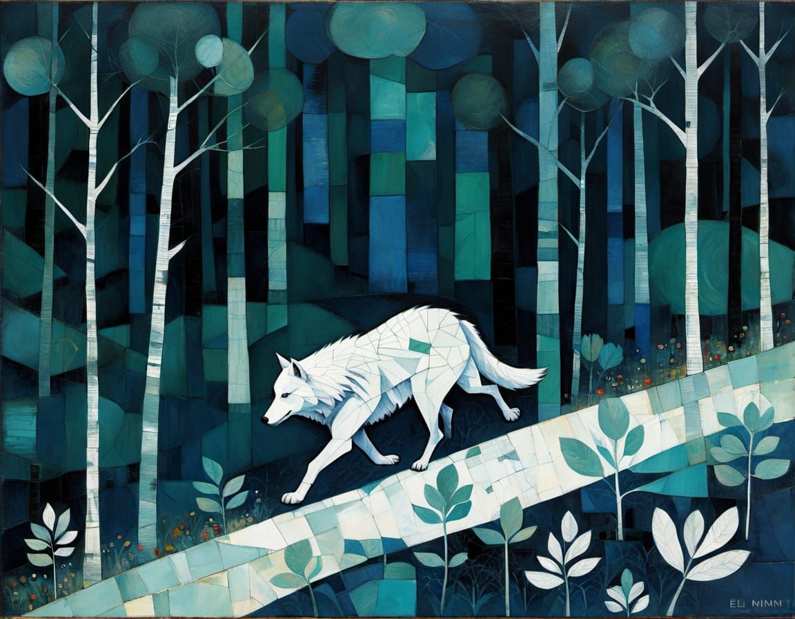 Spectral White Wolf in Dark Forest Collage