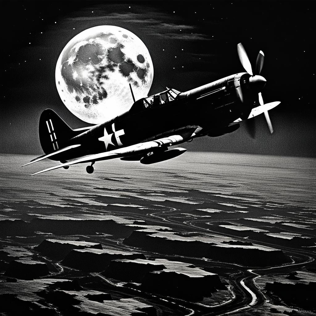 WWII Fighter Plane in Black and White Moonscape