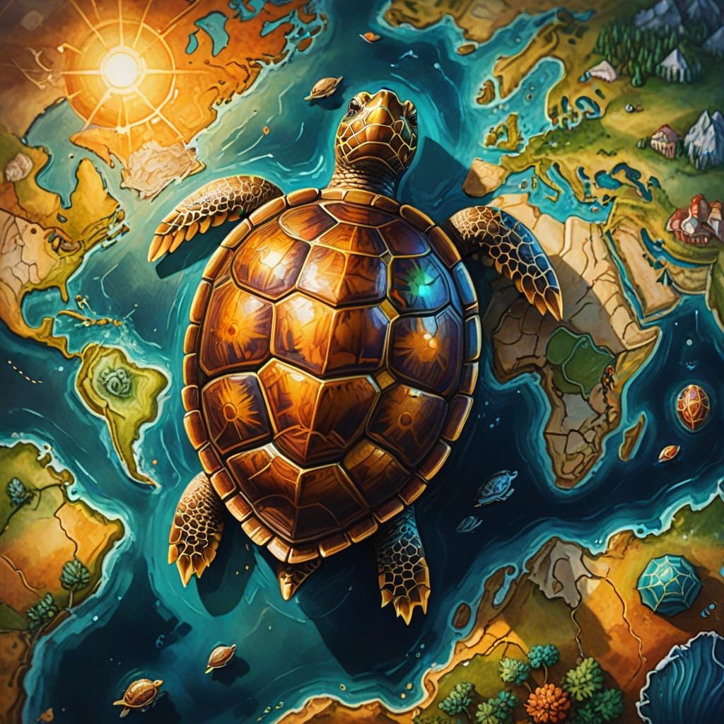 Vibrant Fantasy Map of Turtle Shell Continents in Oil Painti...