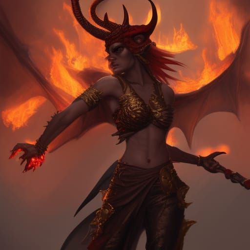 Fiery Tiefling Sorceress with Dragon Wings