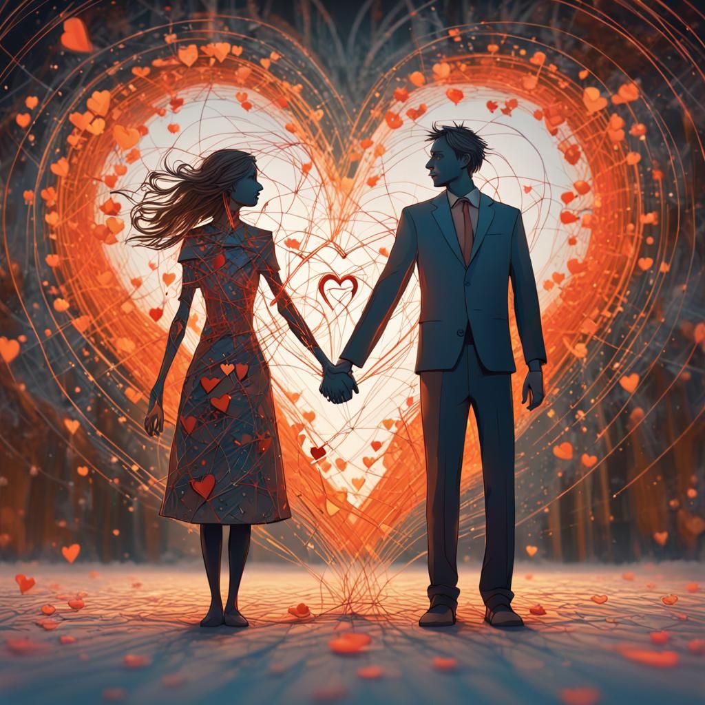 Stick Figures Holding Hands with Abstract Details