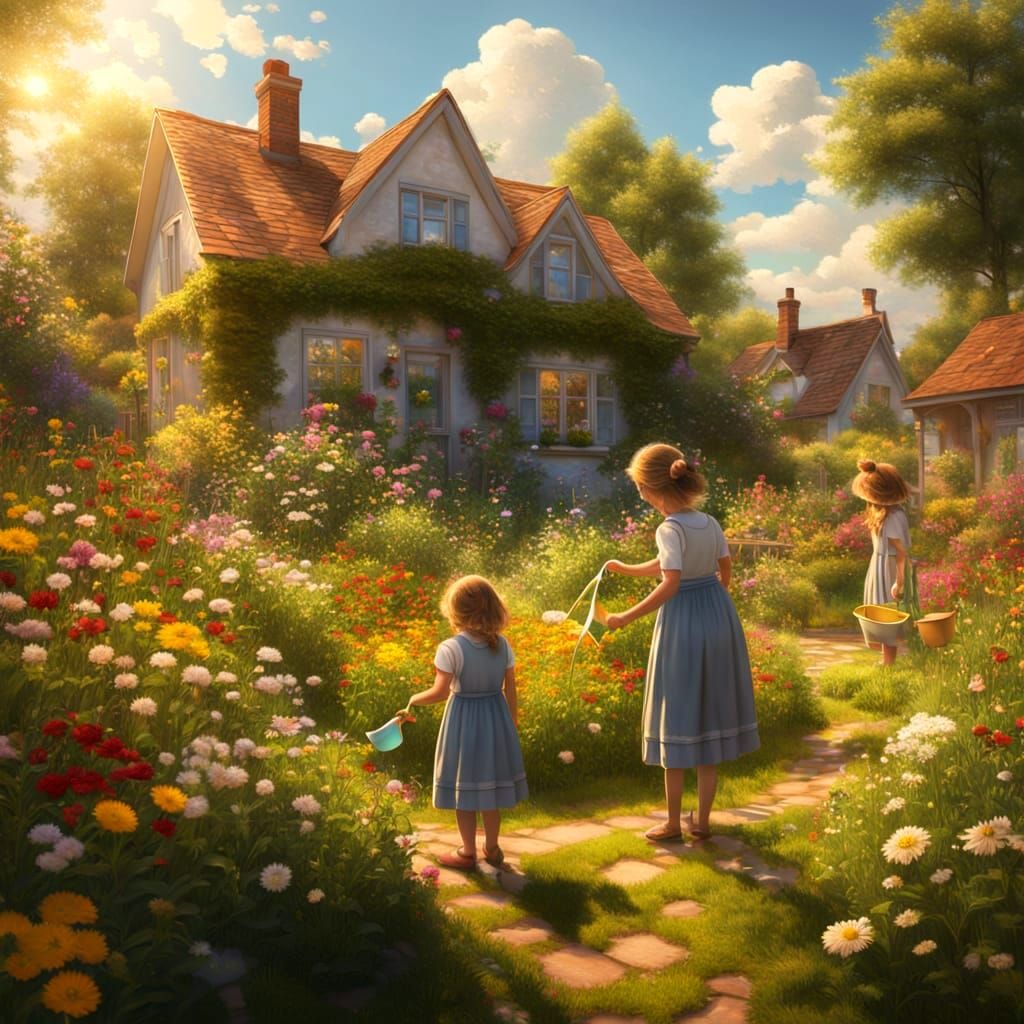 Mother and Daughter in a Serene Cottage Garden