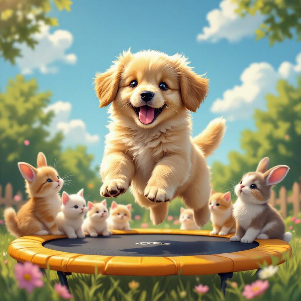 Fluffy Puppies, Kittens, and Bunnies Play on Trampoline