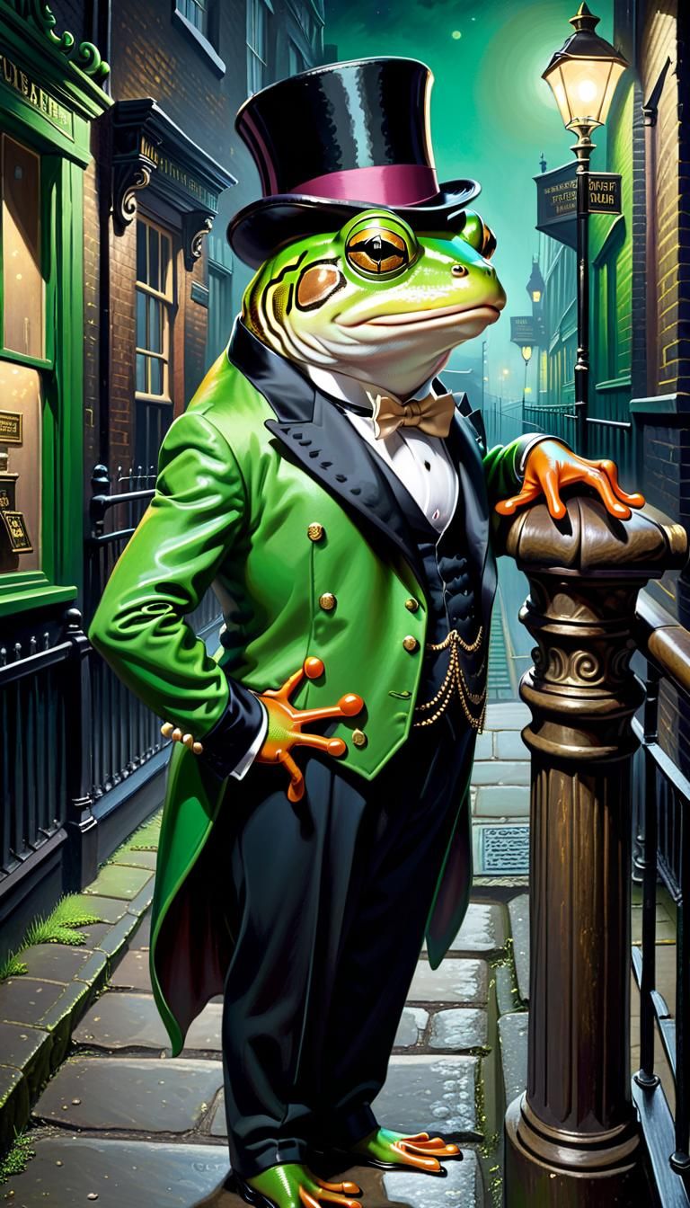 Close-up Green frog with a moustache standing full length leaning against a railing back alley outside of a west end Lon...