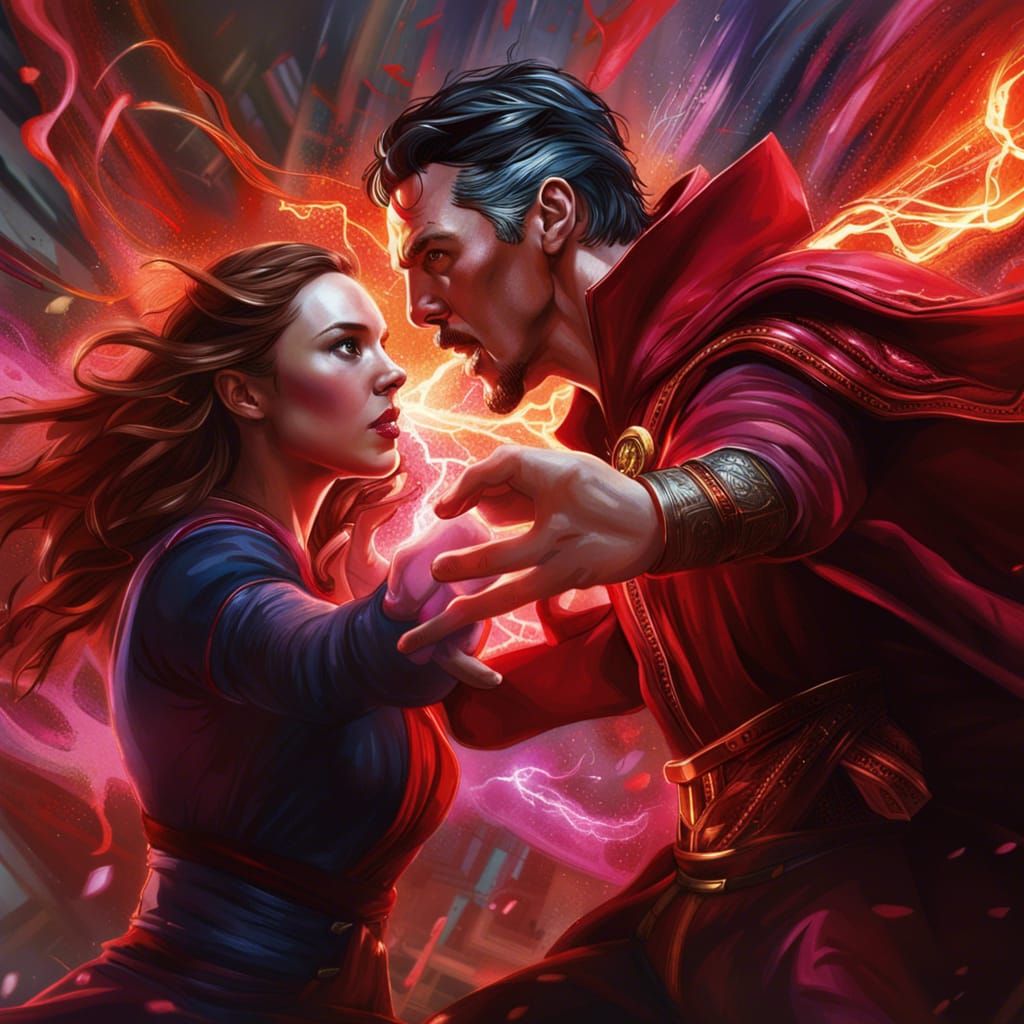 Scarlet Witch and Doctor Strange Battle: Hyperrealistic Art