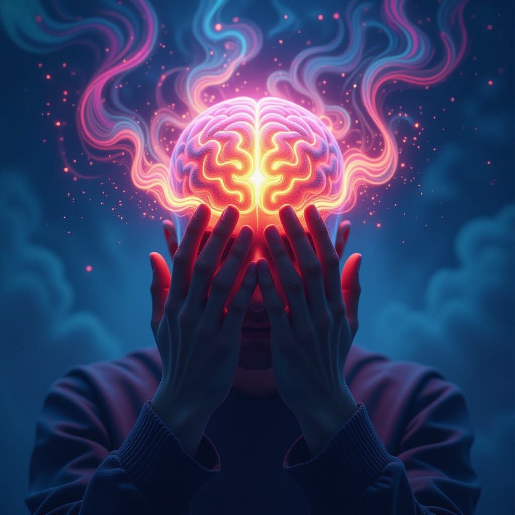 Glowing Cranium Surrounded by Swirling Thoughts