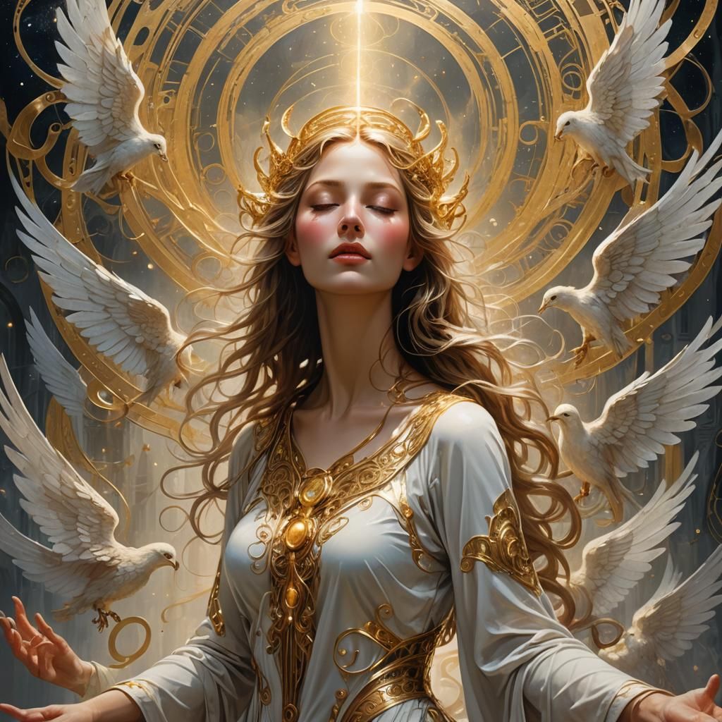 Ethereal Woman in Divine Light with Angels