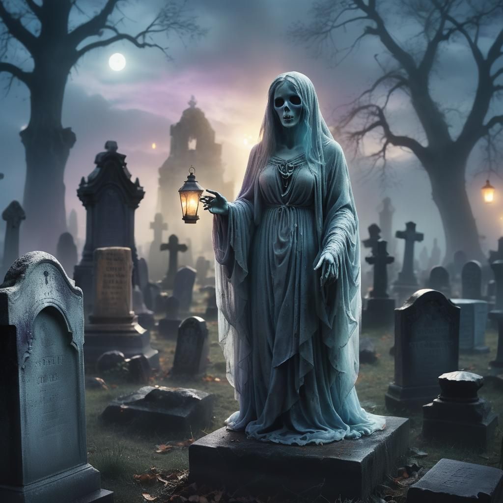 Ethereal Spirit in Haunted Cemetery: Digital Matte Painting