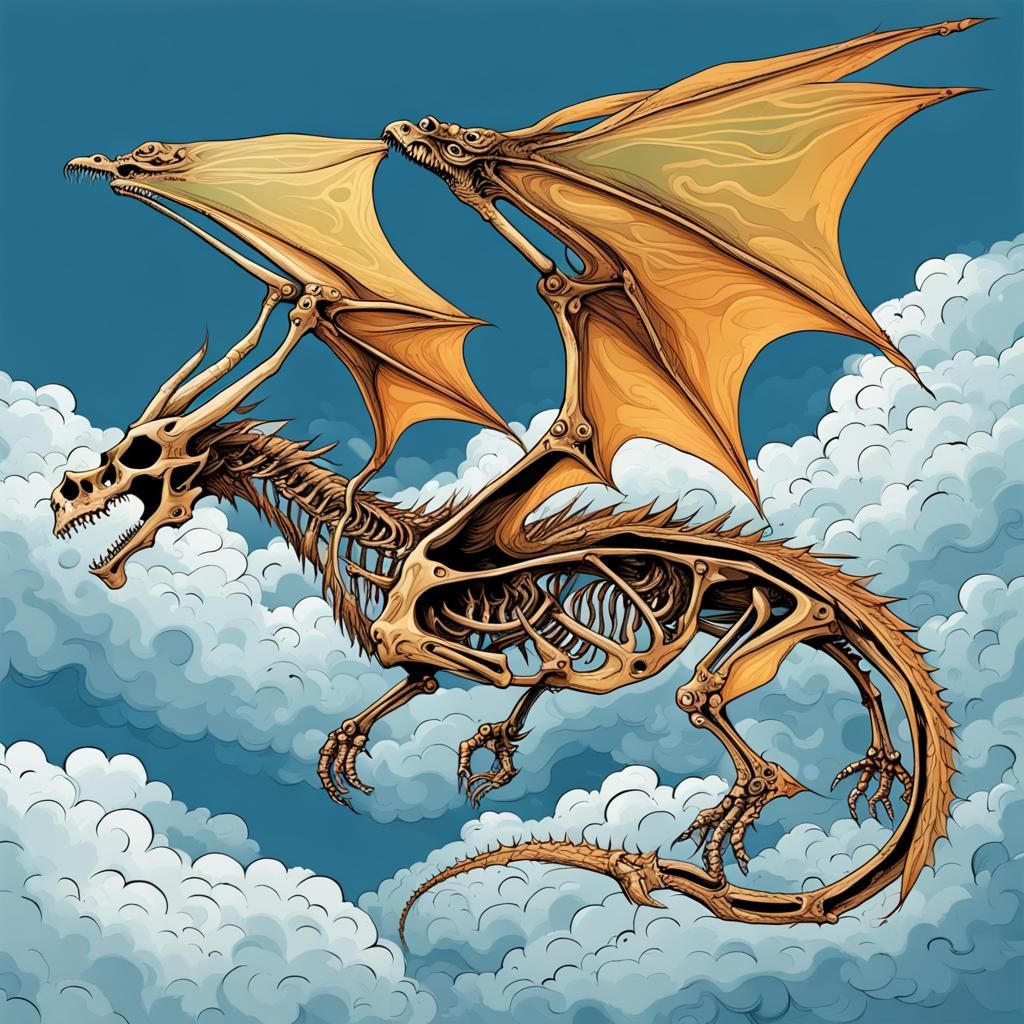 Skeleton Dragon Flying in Abstract Art