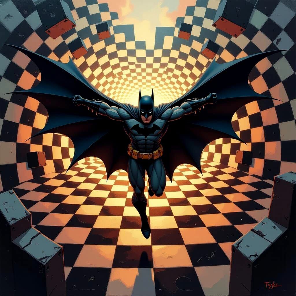 Batman Leaps Through Geometric Maze as Oil Painting