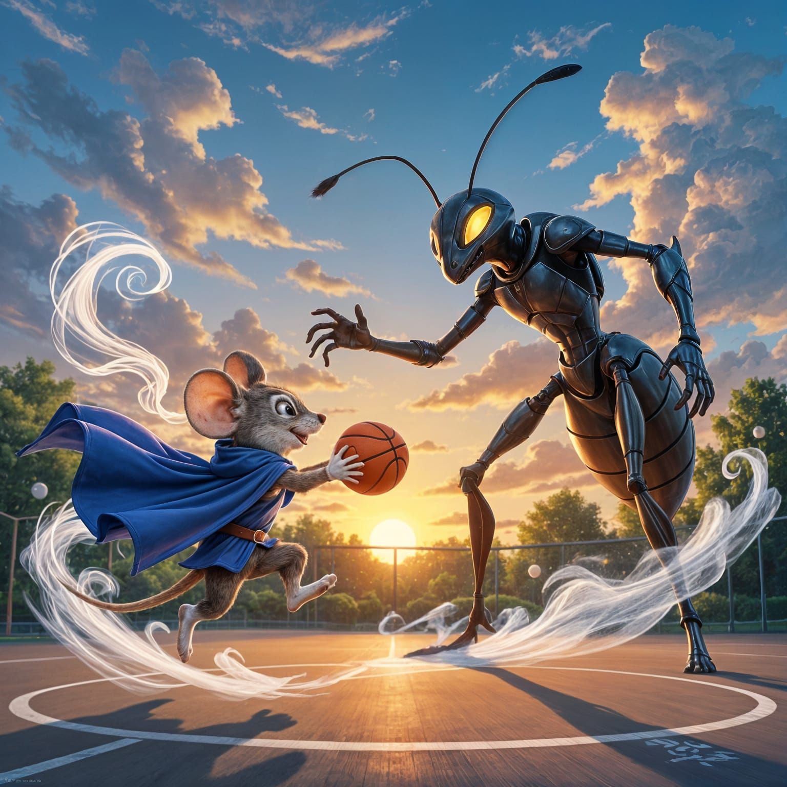 Mouse Hero Plays Basketball With Giant Ant at Sunset