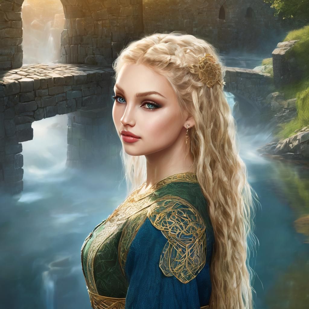 Celtic Woman Crossing Bridge in Medieval Scotland