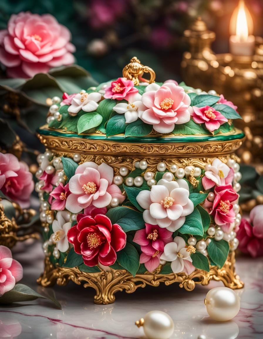 Luxury Rococo Porcelain Box with Flowers and Jewels