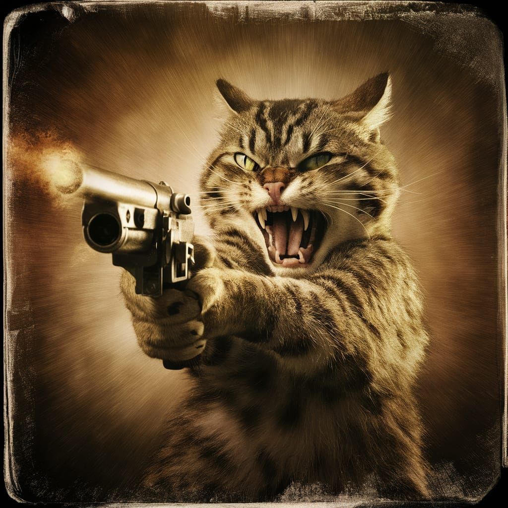 Enraged Cat Wielding Pistol in Cinematic Shot
