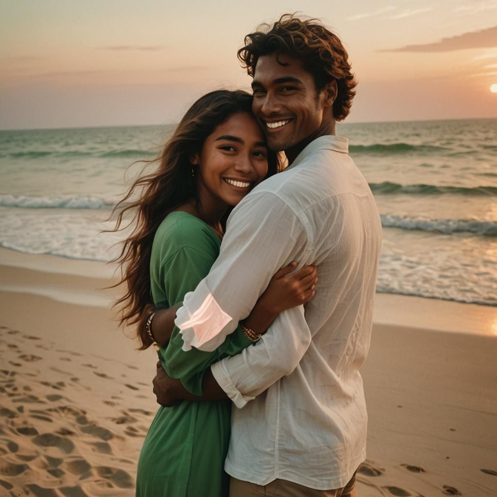 Romantic Beach Embrace at Sunset: Cinematic Still