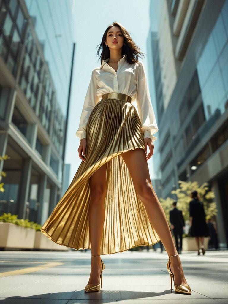Confident Woman in Gold Skirt, Fashion Editorial