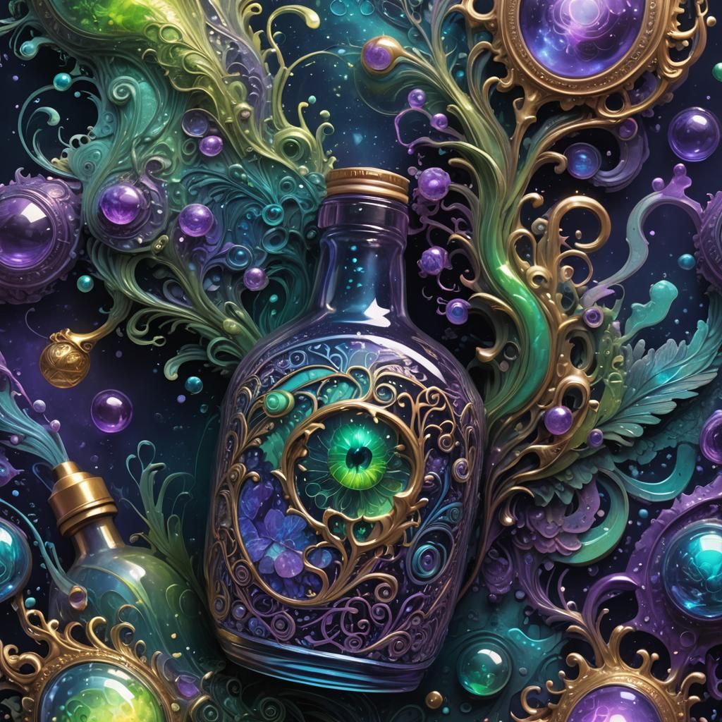 Fantastical Creature with Glowing Bottle, Digital Matte Pain...