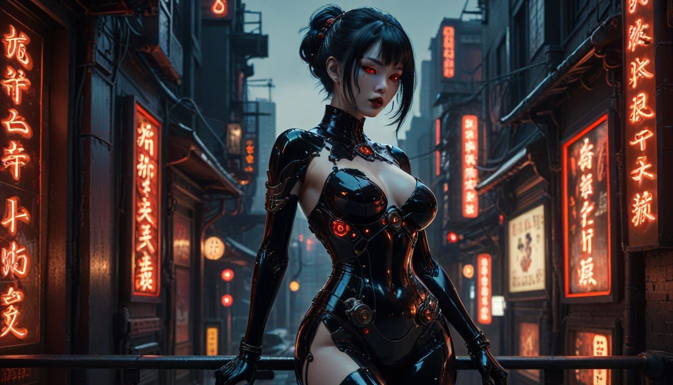Cyberpunk Gynoid in Gothic Setting with Neon Cityscape