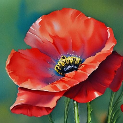Hyper-Detailed Red Poppy in Watercolor Style