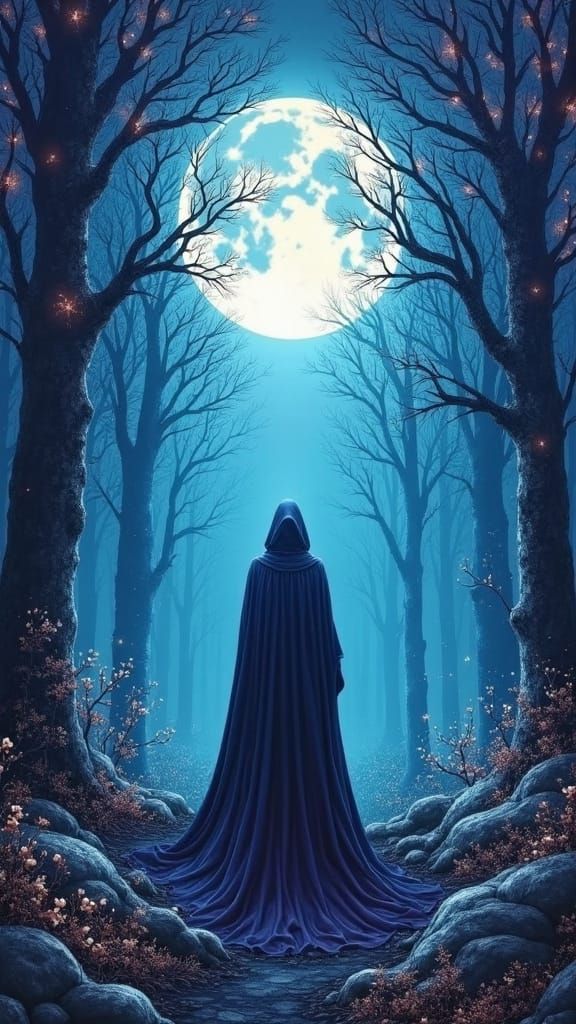 Mystical Moonlit Forest Tapestry with Cloaked Figure