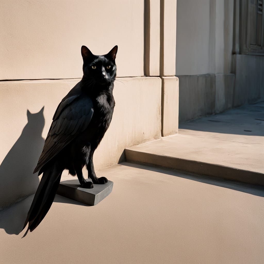 Man and Cat on High Rise Ledge at Sunset
