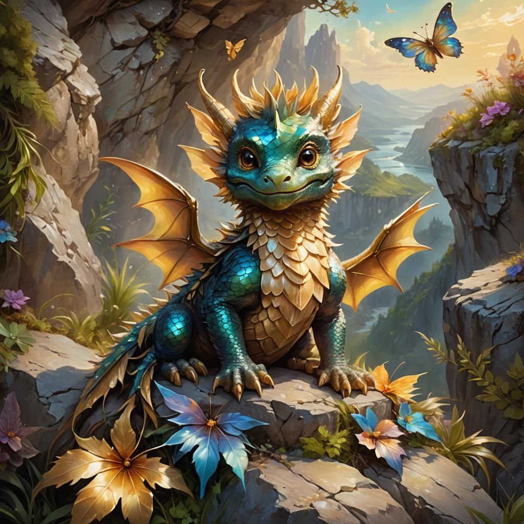 Fluffy Baby Dragon with Butterfly Wings, Fantasy Art