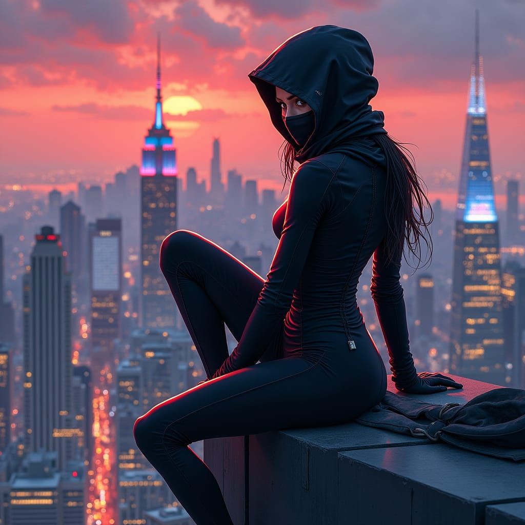 Futuristic Female Assassin Silhouetted Against Neon Cityscap...