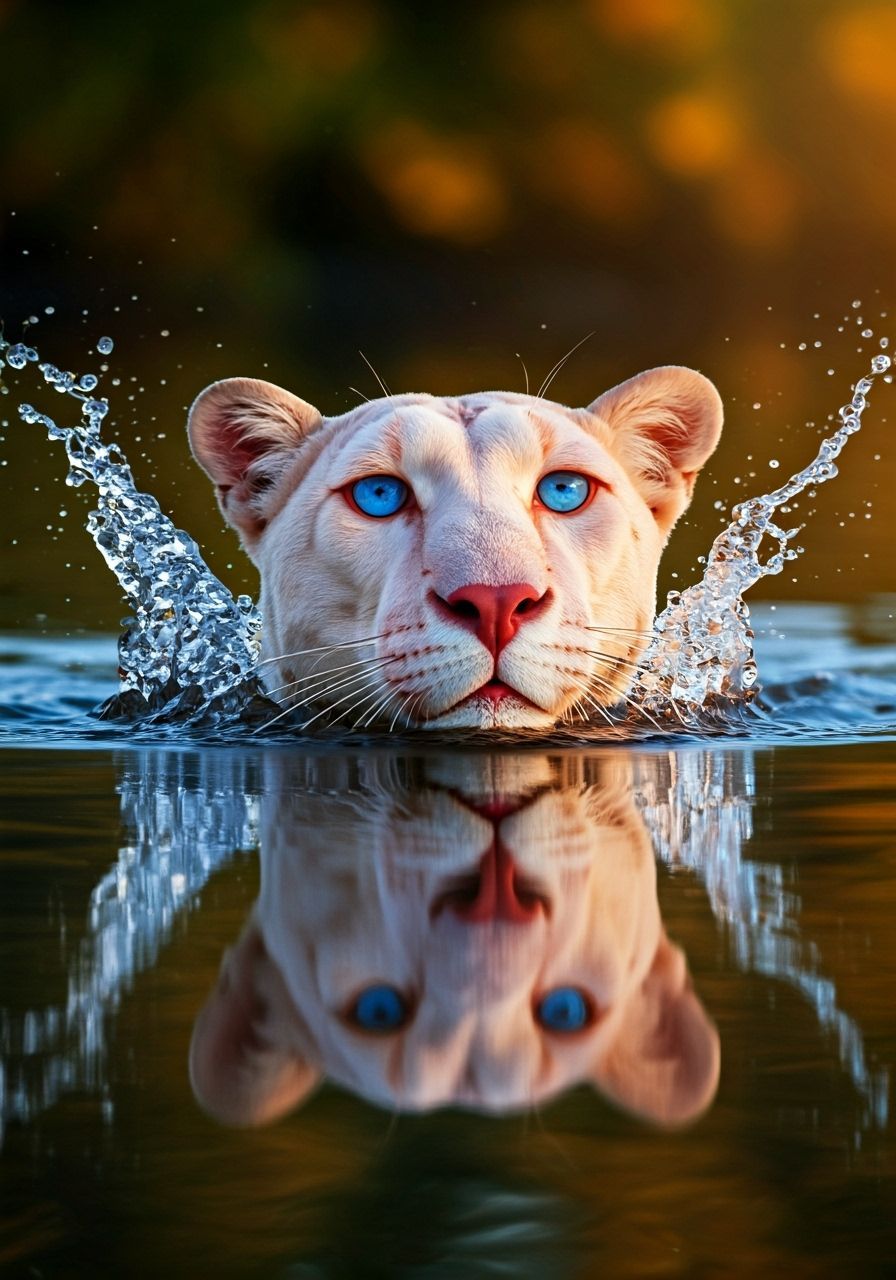 Pink Panther Swims in Autumn Lake with Sunbeams