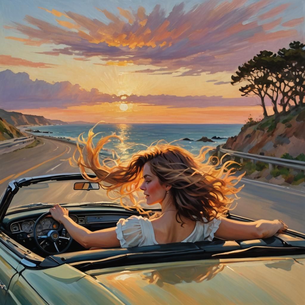 Woman in Convertible at Sunset: Impressionistic Coastal Scen...