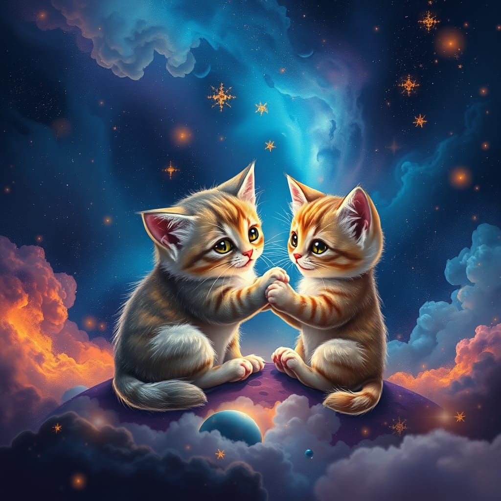 Whimsical Space Kitties Dance in a Vibrant Galaxy