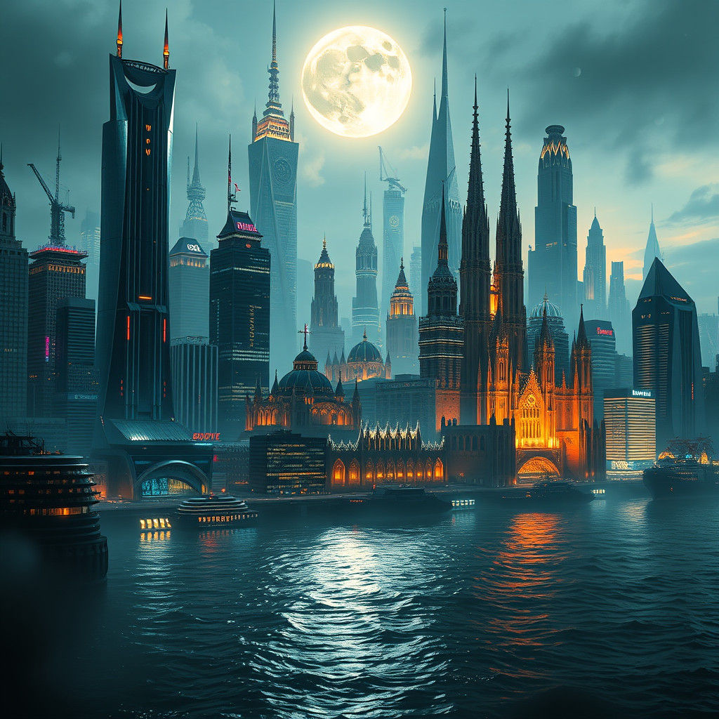 Futuristic Metropolis: Moonlit Skyline with Neon Accents