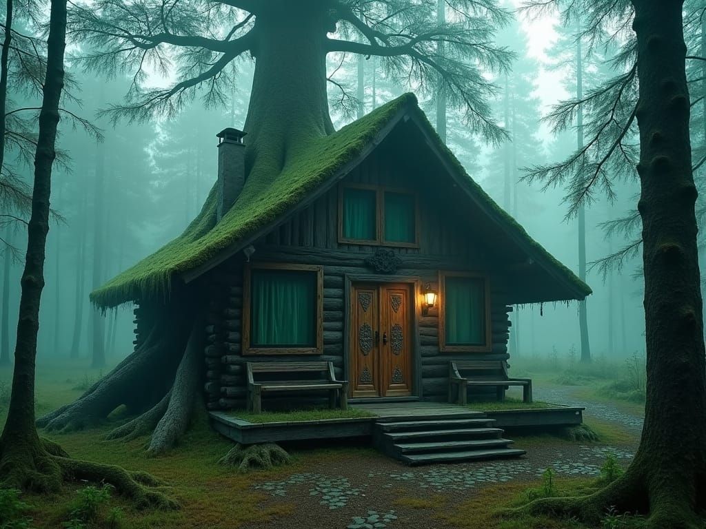 Mystical Forest Cabin of Green Glass