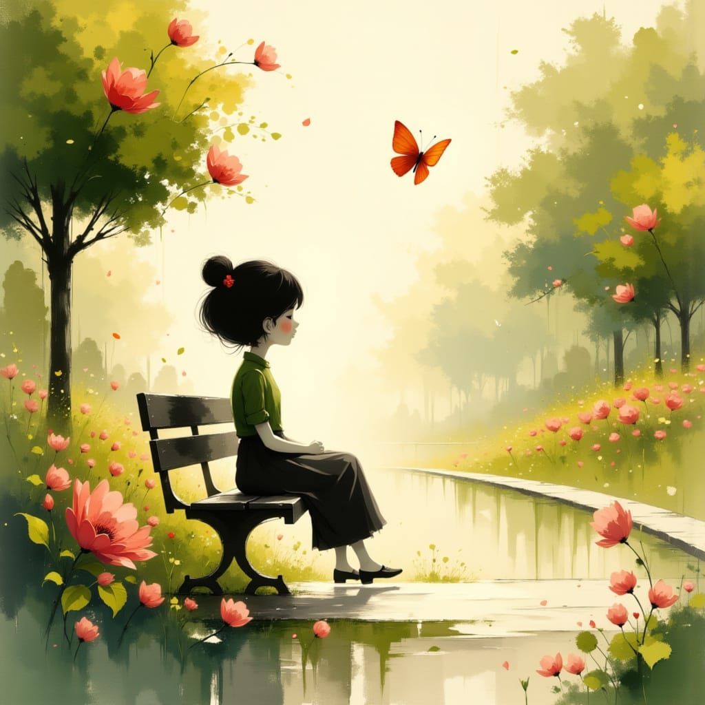 Peaceful Moment: Figure Watches Butterfly in Watercolor Gard...