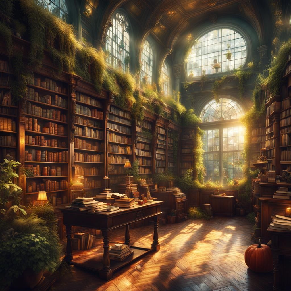 Old Bookstore with Green Plants in Autumn Light