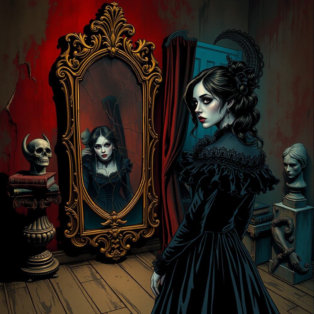 Ethereal Gothic Woman Confronts Distorted Reflection in a Ha...