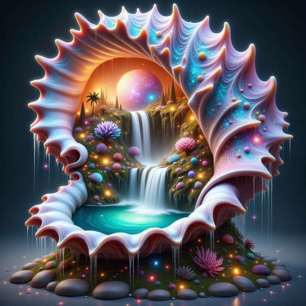 Galactic Seashell Waterfall in Neon-Noir Style