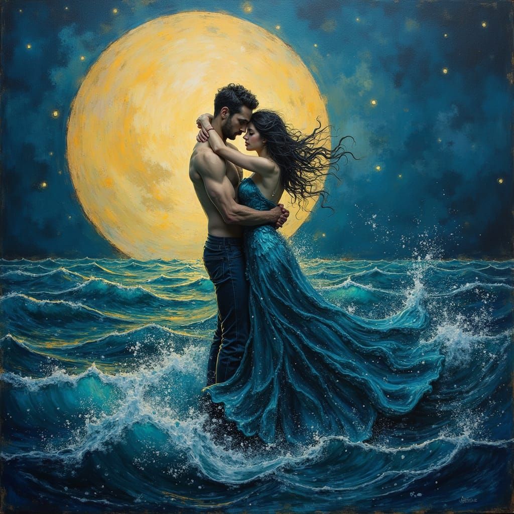 Man in a Dreamlike Siren's Embrace beneath Moonlit Waves